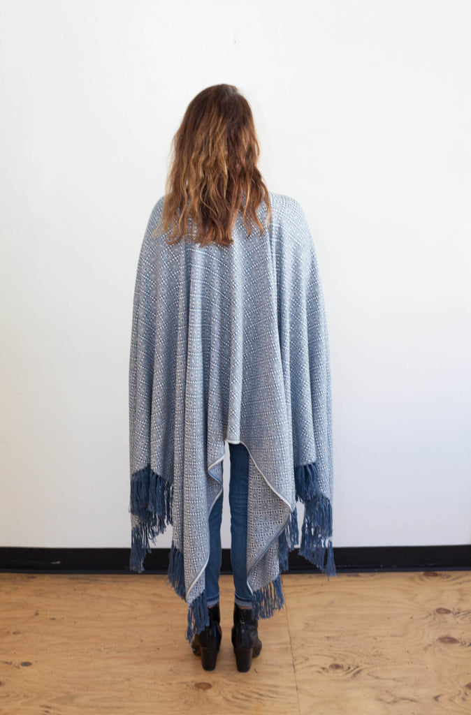 Machine washable warm cozy and soft alpaca blend poncho shawl cape neutral blue white