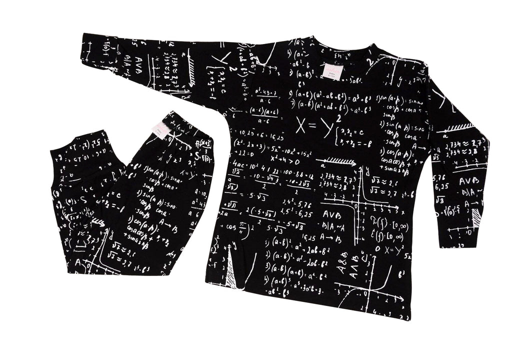 black and white Math print baby and kids pajama sets loungewear for teachers, scientists, engineers and nerds