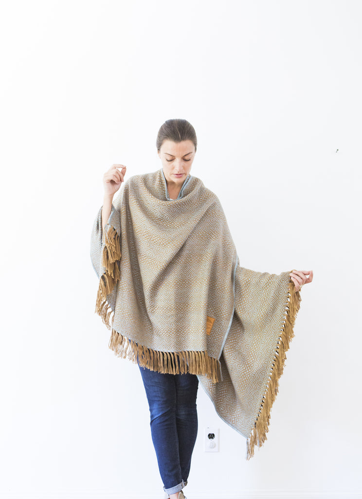 Machine washable warm cozy and soft alpaca blend poncho shawl cape neutral light blue brown